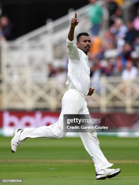 Hardik Pandya of India celebrates dismissing Jonathan Bairstow of England during day two of the Specsavers 3rd Test match between England and India...