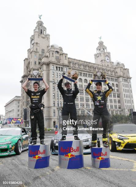 Winner Gaz Whiter of New Zealand second placed Forest Wang of USA and 3rd placed Fredric Aasbo of Norway celebrate on the podium after Red Bull Drift...