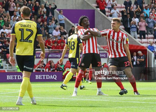 Josh Maja of Sunderland celebrates after he scores the second goal during the Sky Bet League One match between Sunderland and Scunthorpe United at...