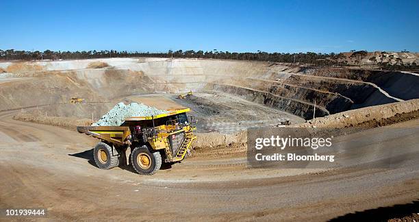 Truck is driven out of Western Areas NL's Tim King Pit open-cut nickel mine at Spotted Quoll, in Forrestania, Western Australia, on Thursday, June...