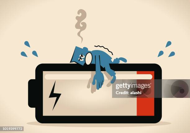 ilustrações de stock, clip art, desenhos animados e ícones de need to charge energy power, businessman lying down on the big battery - abastecer