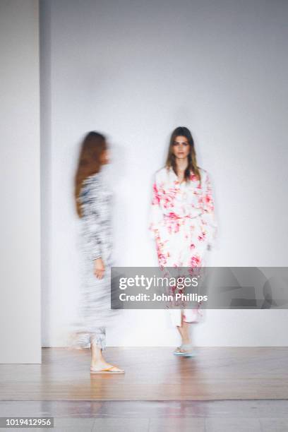 Models walk the runway at the Line of Oslo show during Oslo Runway SS19 at Bankplassen 4 on August 15, 2018 in Oslo, Norway.