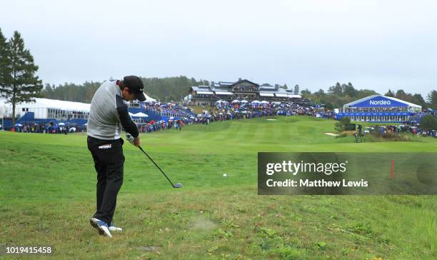 Thomas Aiken of South Africa plays his 2nd shot on the 18th hole during the playoff during day four of the Nordea Masters at Hills Golf Club on...