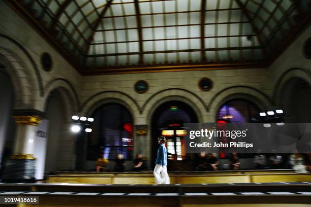 Model backstage ahead of the Line of Oslo show during Oslo Runway SS19 at Bankplassen 4 on August 15, 2018 in Oslo, Norway.