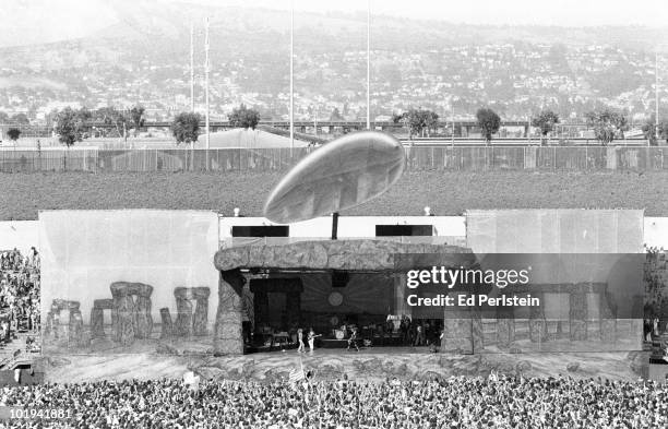 Led Zeppelin perform on stage at the Oakland Coliseum on July 23, 1977 in Oakland, California.