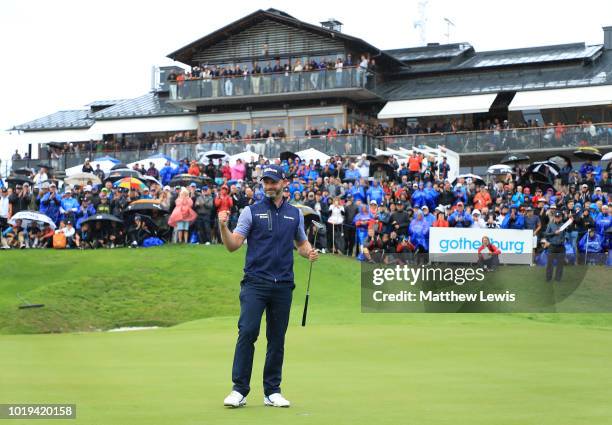 Paul Waring of England celebrates winning the playoff against Thomas Aiken of South Africa during day four of the Nordea Masters at Hills Golf Club...