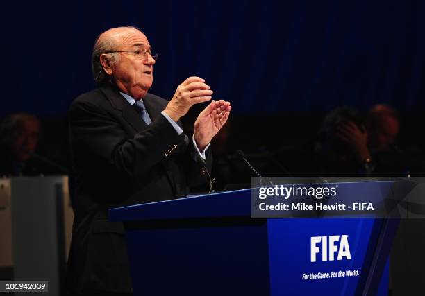 President Joseph S Blatter addresses delegates during the 60th FIFA Congress at the 2010 FIFA World Cup on June 10, 2010 in Sandton, South Africa.