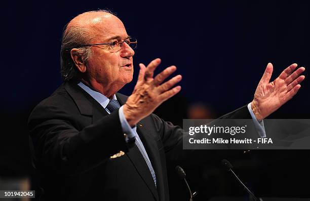 President Joseph S Blatter addresses delegates during the 60th FIFA Congress at the 2010 FIFA World Cup on June 10, 2010 in Sandton, South Africa.