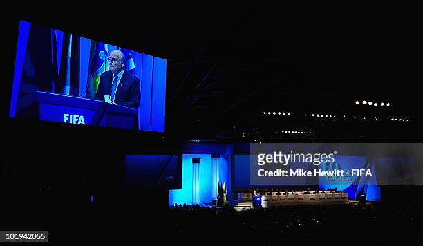 President Joseph S Blatter addresses delegates during the 60th FIFA Congress at the 2010 FIFA World Cup on June 10, 2010 in Sandton, South Africa.