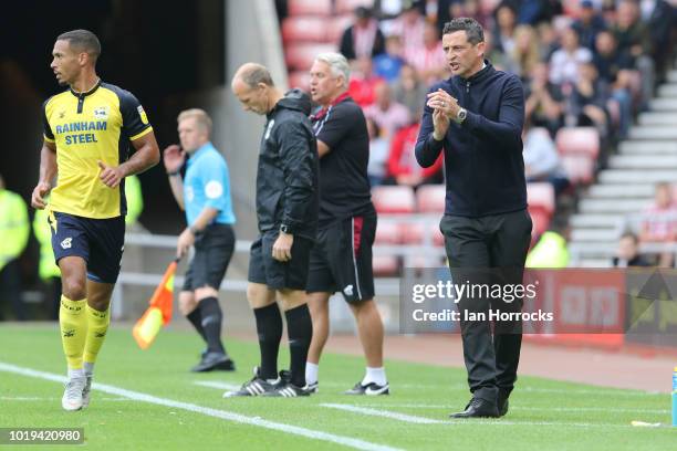 Sunderland manager Jack Ross during the Sky Bet League One match between Sunderland and Scunthorpe United at Stadium of Light on August 19, 2018 in...