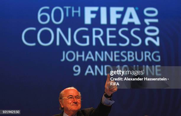 President Joseph S. Blatter reacts during the 60th FIFA Congress at Sandton Convention Center on June 10, 2010 in Sandton, South Africa.