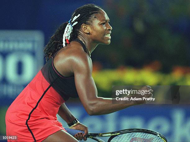 Serena Williams of the USA celebrates winning a hard fought three set match over Amanda Grahame of Australia in the first round of the Australian...