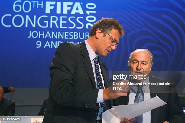 President Joseph S. Blatter talks to his general secretary Jerome Valcke prior the 60th FIFA Congress at Sandton Convention Center on June 10, 2010...