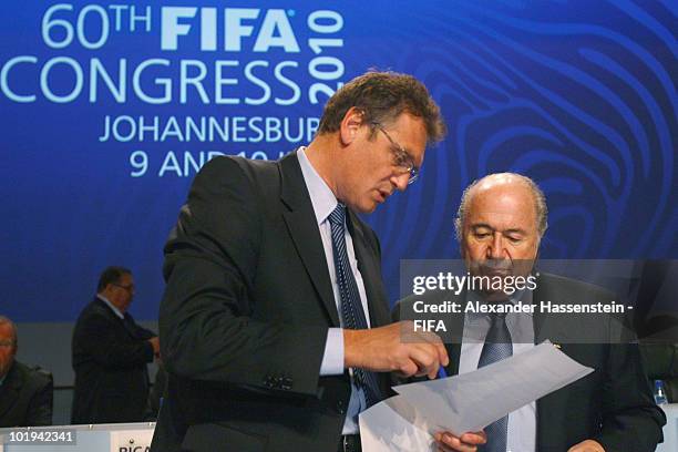 President Joseph S. Blatter talks to his general secretary Jerome Valcke prior the 60th FIFA Congress at Sandton Convention Center on June 10, 2010...