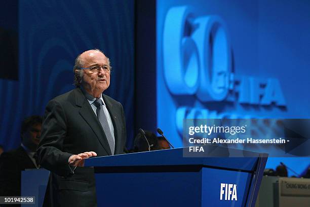 President Joseph S. Blatter speaks to the delegates during the 60th FIFA Congress at Sandton Convention Center on June 10, 2010 in Sandton, South...