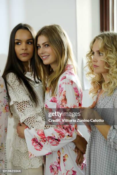 Models are seen backstage ahead of the Line of Oslo show during Oslo Runway SS19 at Bankplassen 4 on August 15, 2018 in Oslo, Norway.