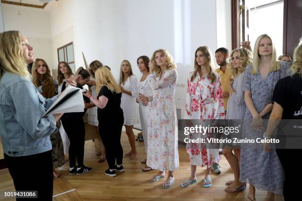 Models are seen backstage ahead of the Line of Oslo show during Oslo Runway SS19 at Bankplassen 4 on August 15, 2018 in Oslo, Norway.