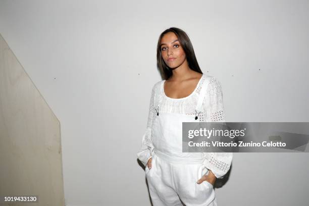 Model backstage ahead of the Line of Oslo show during Oslo Runway SS19 at Bankplassen 4 on August 15, 2018 in Oslo, Norway.