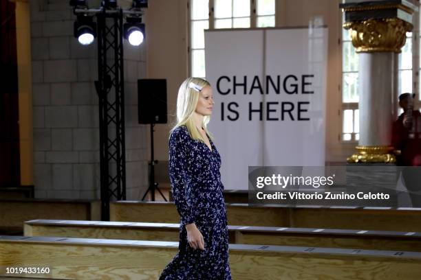 Model is seen during rehearsal ahead of the Line of Oslo show during Oslo Runway SS19 at Bankplassen 4 on August 15, 2018 in Oslo, Norway.