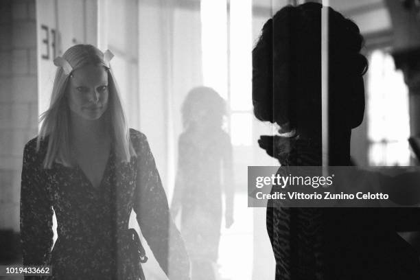 Model backstage ahead of the Line of Oslo show during Oslo Runway SS19 at Bankplassen 4 on August 15, 2018 in Oslo, Norway.