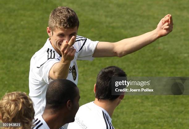 Thomas Mueller of Germany gestures during a training session at Super stadium on June 10, 2010 in Johannesburg, South Africa.