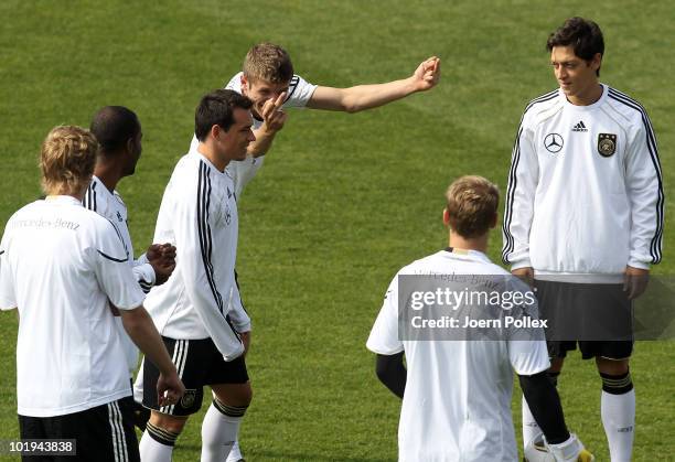 Thomas Mueller of Germany gestures during a training session at Super stadium on June 10, 2010 in Johannesburg, South Africa.