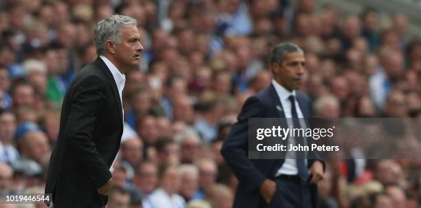 Manager Jose Mourinho of Manchester United watches from the touchline during the Premier League match between Brighton & Hove Albion and Manchester...