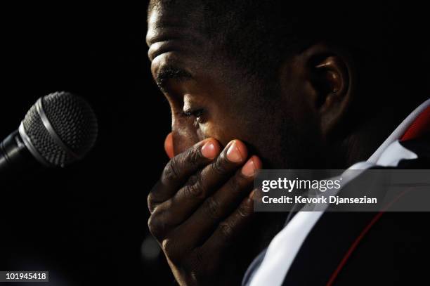 Jozy Altidore forward of US national football team during a news conference at Irene Farm on June 10, 2010 in Irene near Pretoria, South Africa. US...