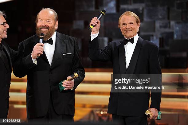 Bud Spencer and Terence Hill attend the 'David Di Donatello' movie awards at the Auditorium Conciliazione on May 7, 2010 in Rome, Italy.