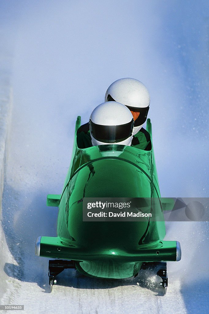 Two man bob sled on track, view from front (digital enhancement)