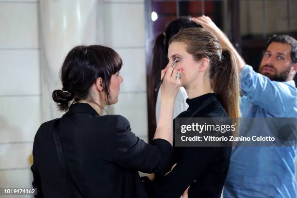 Model backstage ahead of the Michael Olestad show during Oslo Runway SS19 at Bankplassen 4 on August 15, 2018 in Oslo, Norway.