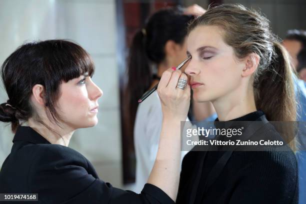 Model backstage ahead of the Michael Olestad show during Oslo Runway SS19 at Bankplassen 4 on August 15, 2018 in Oslo, Norway.