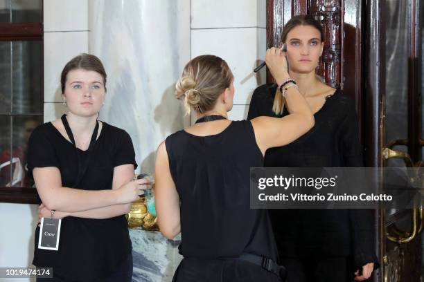 Model backstage ahead of the Michael Olestad show during Oslo Runway SS19 at Bankplassen 4 on August 15, 2018 in Oslo, Norway.