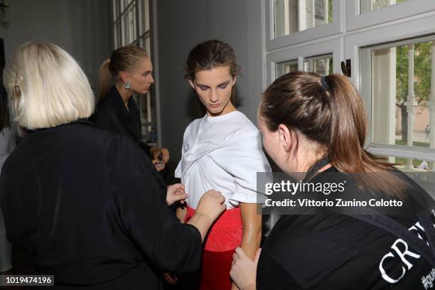 Model backstage ahead of the Michael Olestad show during Oslo Runway SS19 at Bankplassen 4 on August 15, 2018 in Oslo, Norway.