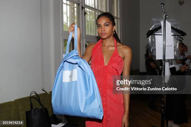 Model backstage ahead of the Michael Olestad show during Oslo Runway SS19 at Bankplassen 4 on August 15, 2018 in Oslo, Norway.