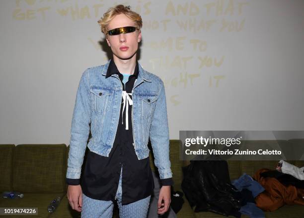 Model backstage ahead of the Michael Olestad show during Oslo Runway SS19 at Bankplassen 4 on August 15, 2018 in Oslo, Norway.