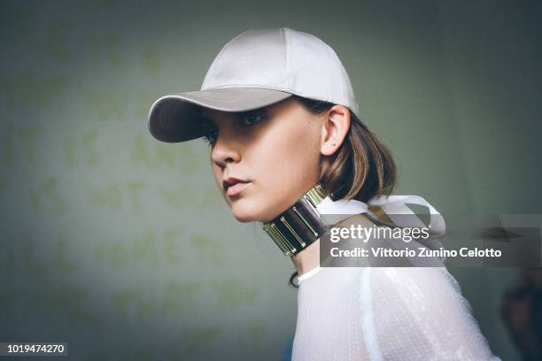 Model backstage ahead of the Michael Olestad show during Oslo Runway SS19 at Bankplassen 4 on August 15, 2018 in Oslo, Norway.