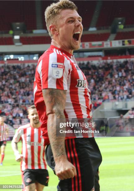 Max Power of Sunderland celebrates scoring the first goal during the Sky Bet League One match between Sunderland and Scunthorpe United at Stadium of...