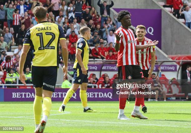 Josh Maja of Sunderland celebrates scoring the second goal during the Sky Bet League One match between Sunderland and Scunthorpe United at Stadium of...