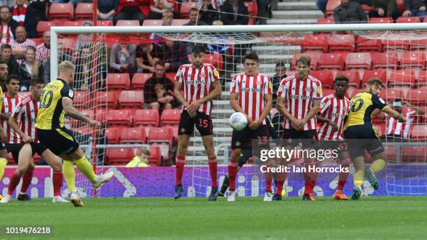 Stephen Humphrys of Scunthorpe fires his free kick against the Sunderland wall during the Sky Bet League One match between Sunderland and Scunthorpe...