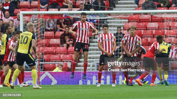 Stephen Humphrys of Scunthorpe fires his free kick against the Sunderland wall during the Sky Bet League One match between Sunderland and Scunthorpe...
