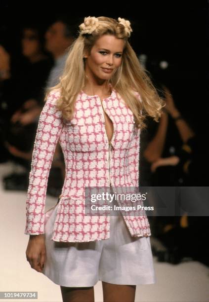 Claudia Schiffer models Chanel during Paris Fashion Week circa 1994 in Paris