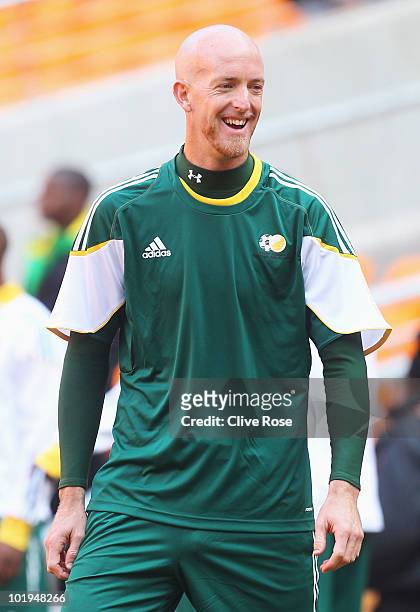 Matthew Booth of South Africa jokes about during a South Africa training session ahead of the 2010 FIFA World Cup South Africa at Soccer City Stadium...