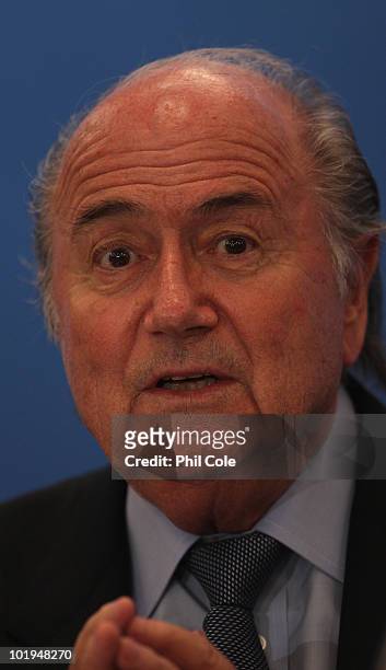 Joseph Blatter President of FIFA talks to the media at a Post-FIFA Congress Executive Committee media conference at the Sandton Sun Hotel on June 10,...