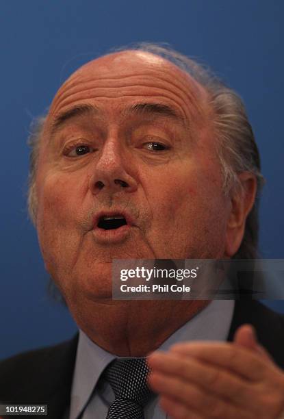 Joseph Blatter President of FIFA talks to the media at a Post-FIFA Congress Executive Committee media conference at the Sandton Sun Hotel on June 10,...