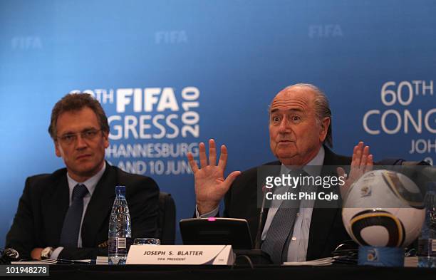 Joseph Blatter President of FIFA and Jerome Valcke Secretary General of FIFA talks to the media at a Post-FIFA Congress Executive Committee media...