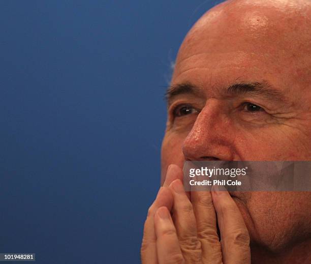 Joseph Blatter President of FIFA talks to the media at a Post-FIFA Congress Executive Committee media conference at the Sandton Sun Hotel on June 10,...