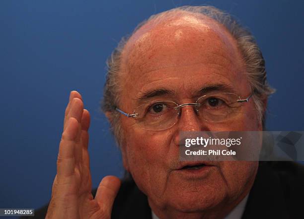 Joseph Blatter President of FIFA talks to the media at a Post-FIFA Congress Executive Committee media conference at the Sandton Sun Hotel on June 10,...