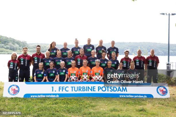 Players of Turbine Potsdam poses with Allianz Partner during the Allianz Frauen Bundesliga Club Tour at on August 17, 2018 in Potsdam, Germany.