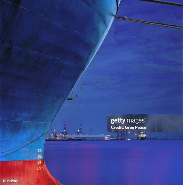 ship's bow in harbor, night, close-up, - moored stock pictures, royalty-free photos & images
